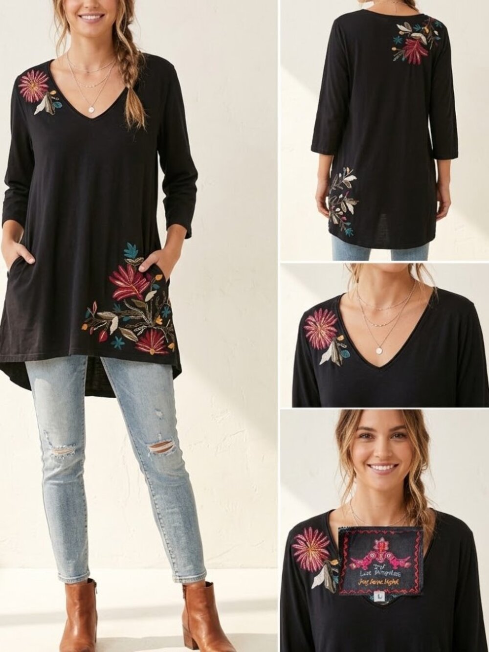 Johnny Was JW Los Angeles T- Shirt Tunic Large Cotton Embroidered Floral Boho